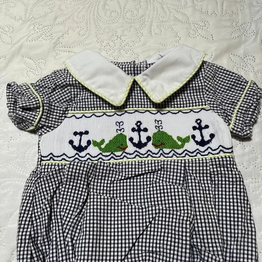 Shrimp & Grits Smocked Nautical Whale Bubble Romper Size 3m